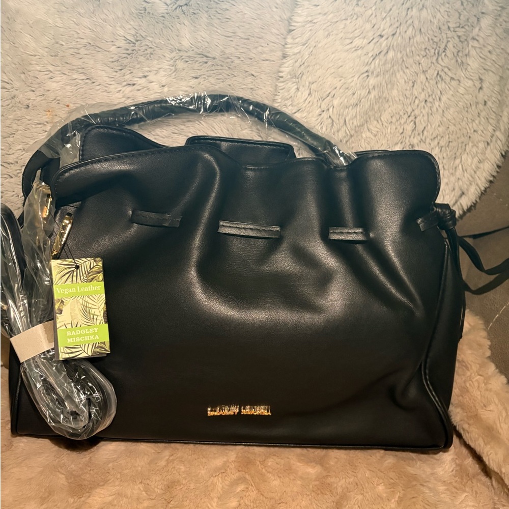 Badgley Mischka Black Vegan Leather Shoulder Bag with Gold Logo